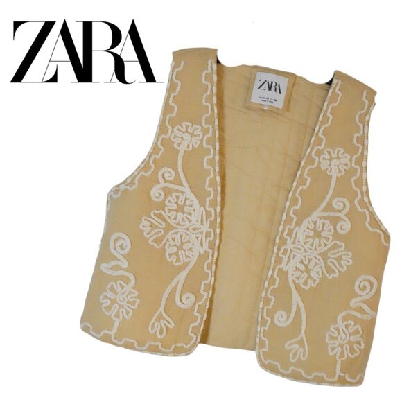 Zara, Kids Floral Embroidered Open Front Gauze Vest, Cream, White - Picture 1 of 5